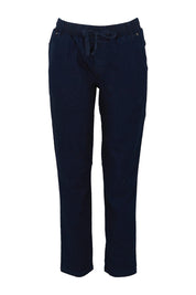 Product shot of the Harlow Denim Jogger in colour Indigo (Blue), from the front