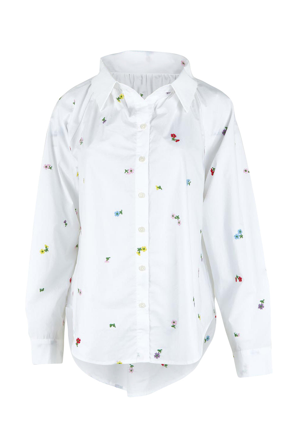 Product shot of the Floral Embroidered Cotton Shirt in colour Floral (White), from the front