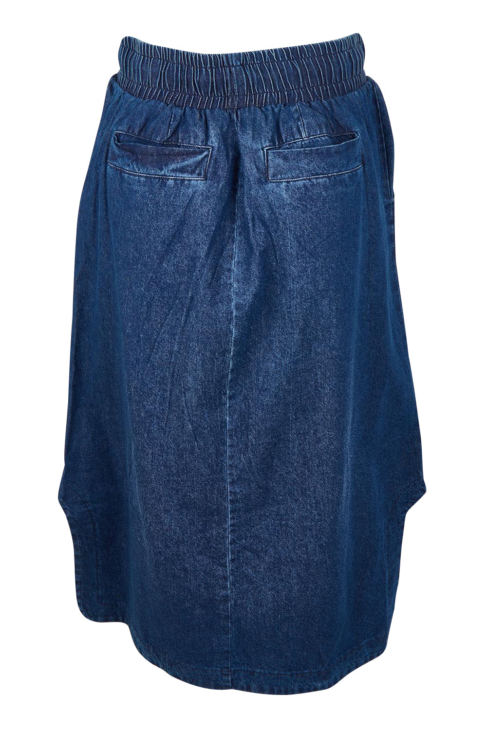 Product shot of the Lizbeth Denim Skirt in colour Bluewash (Blue), from the back