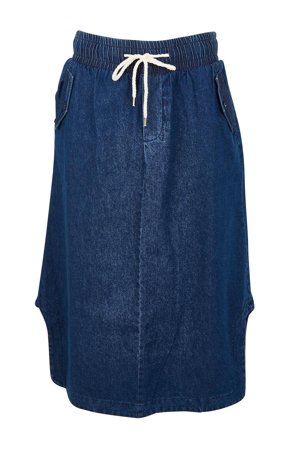 Product shot of the Lizbeth Denim Skirt in colour Bluewash (Blue), from the front