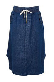 Product shot of the Lizbeth Denim Skirt in colour Bluewash (Blue), from the front