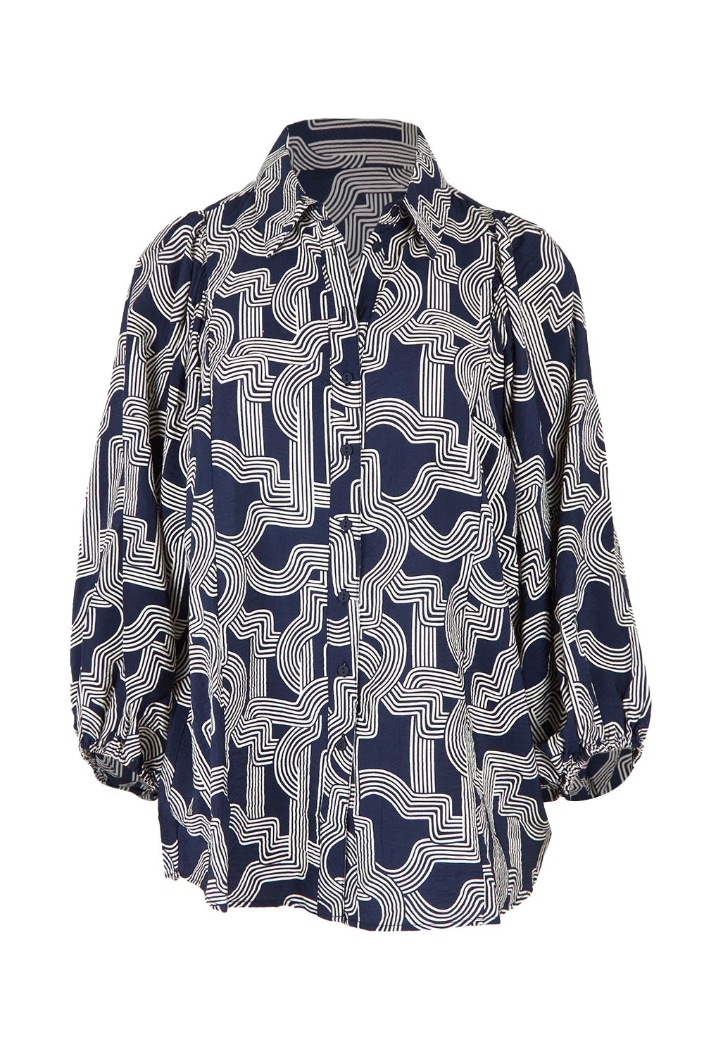 Product shot of the Rosalind Shirt in colour Navygeo (Blue), from the front
