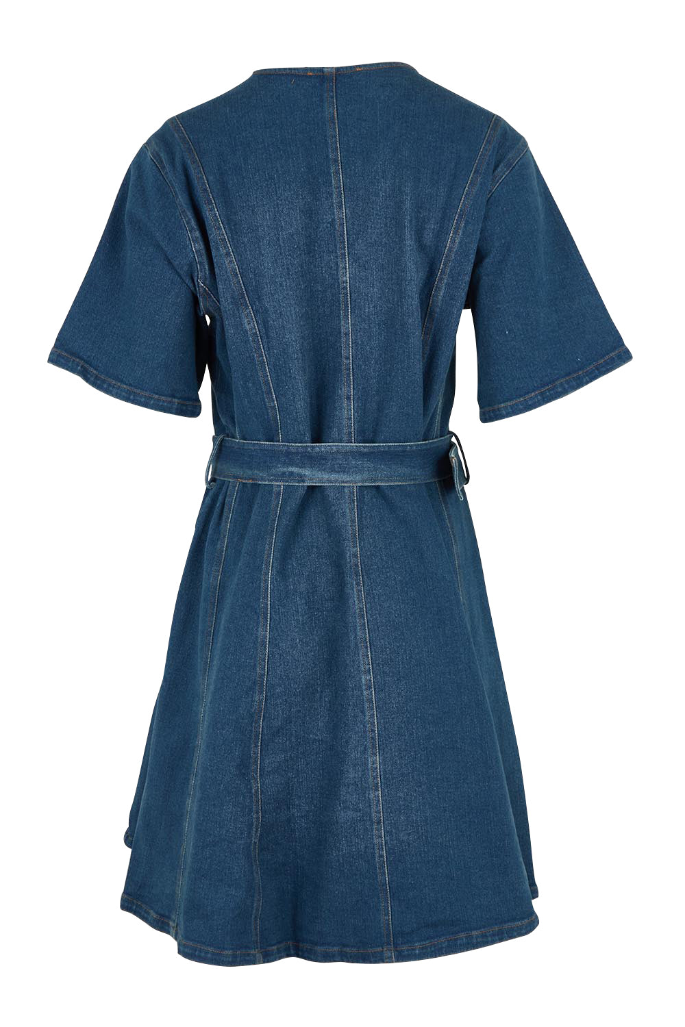 Product shot of the Fiori Denim Dress in colour Midwash (Blue), from the back