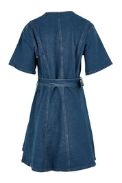 Product shot of the Fiori Denim Dress in colour Midwash (Blue), from the back