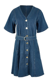 Product shot of the Fiori Denim Dress in colour Midwash (Blue), from the front