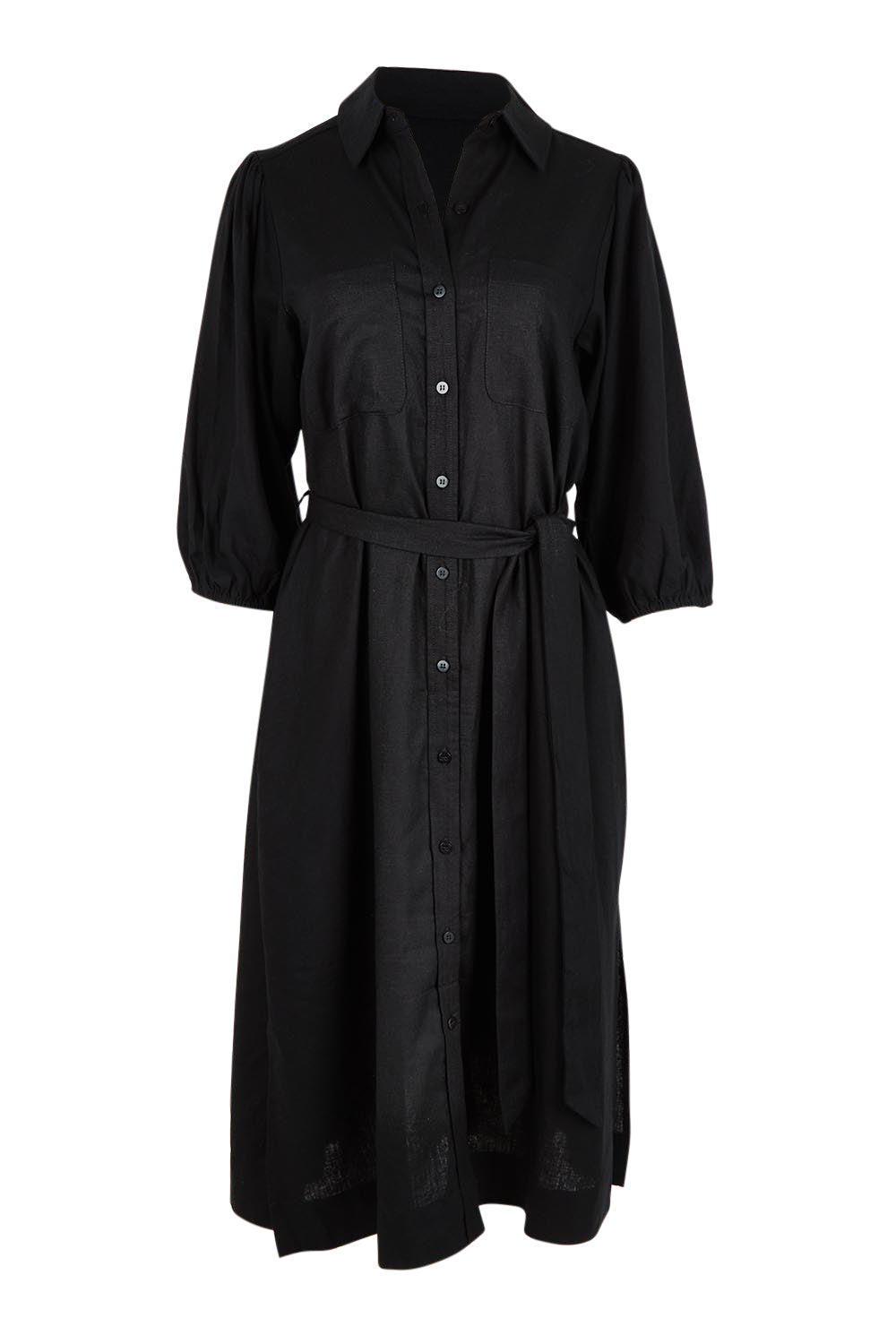Product shot of the Angelina Linen Blend Dress in colour Black (Black), from the front
