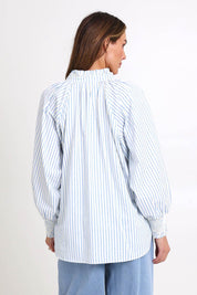 Model Madelinec wearing size 10 of the Romi Shirt – Blue in colour Blue, from the back