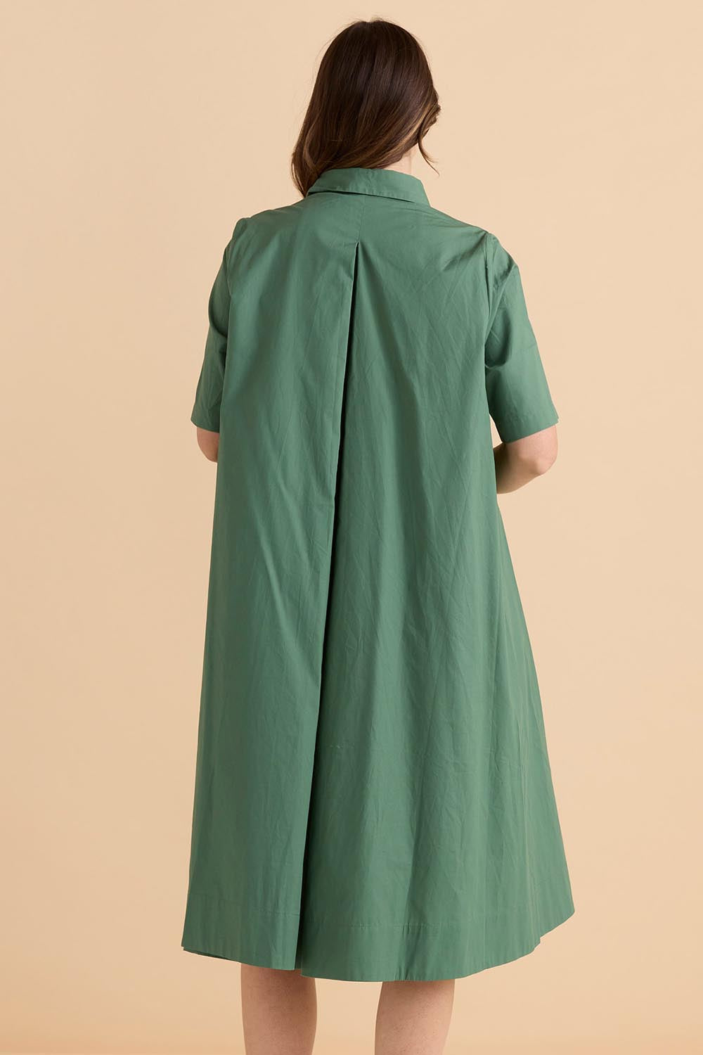 A model wearing the Savannah Cotton Swing Shirt Dress in colour Green (Green), from the back