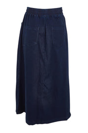 Product shot of the Denim Maxi Jogger Skirt in colour Darkblue (Blue), from the back