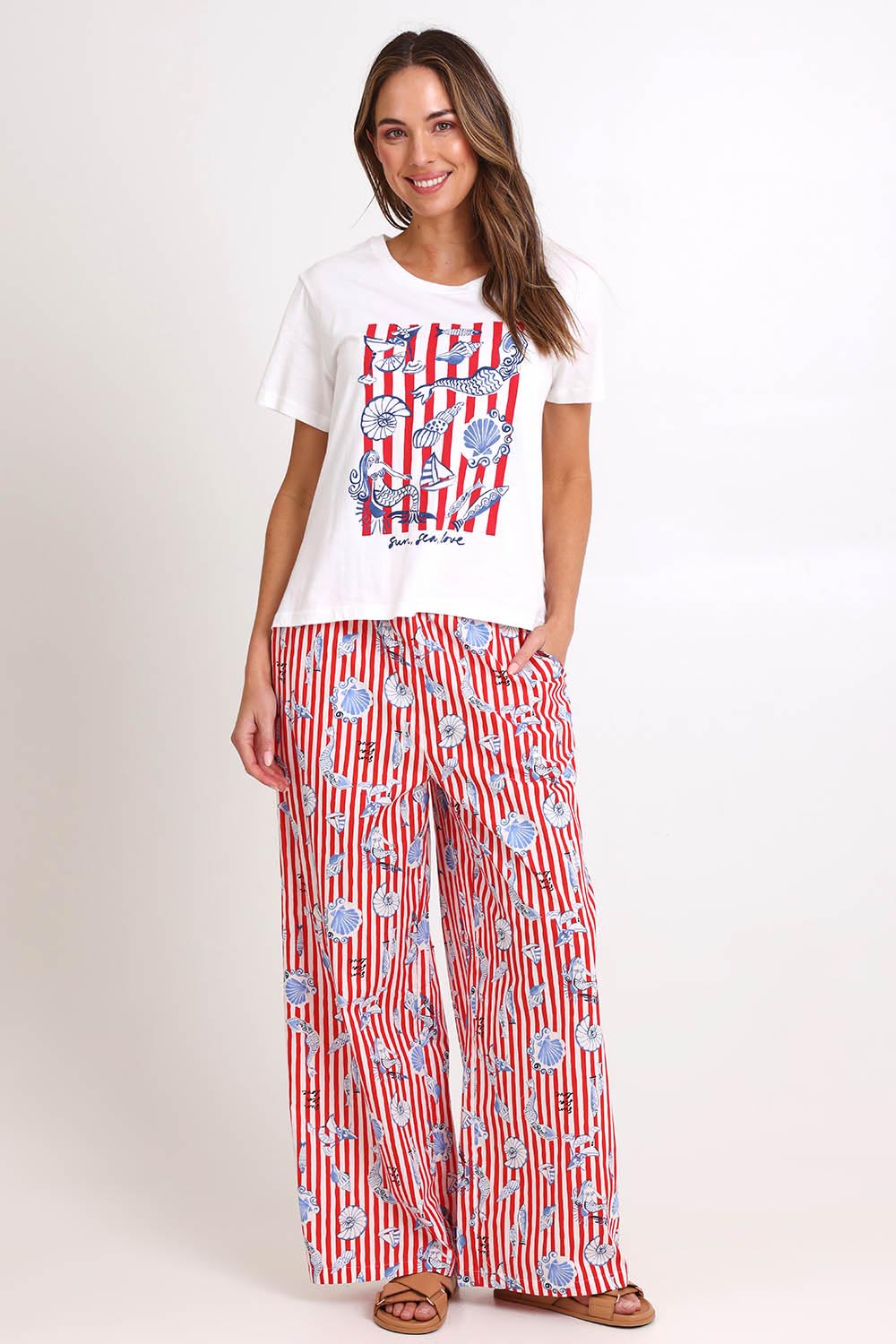Model Madelinec wearing size 10 of the Amalfi Pant – Amalfi in colour Amalfi, from the front