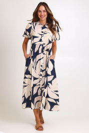 Model Madelinec wearing size 10 of the Nova Shirt Dress – Navy in colour Navy, from the front