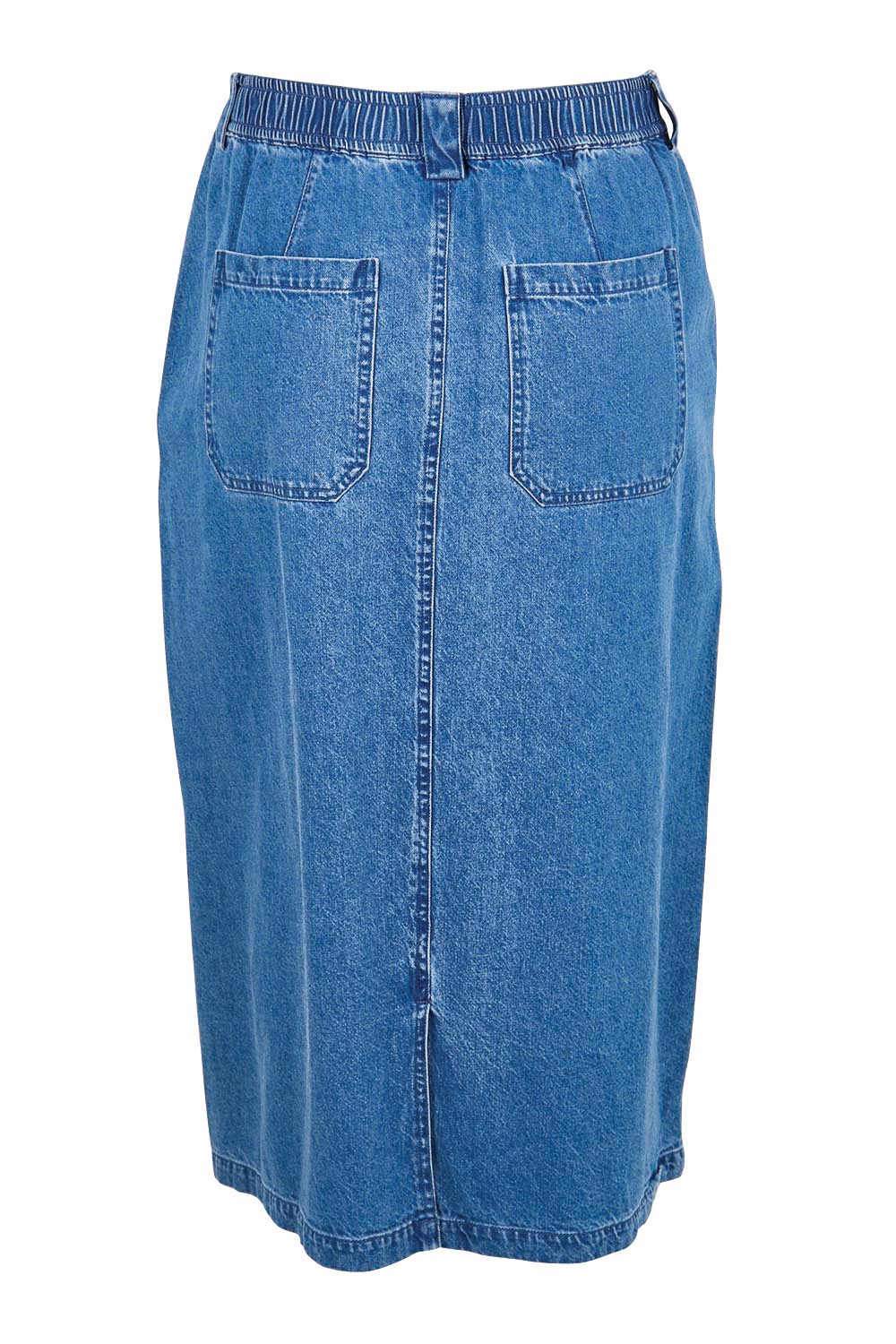 Product shot of the Solange Midi Denim Skirt – Medwash in colour Medwash, from the back