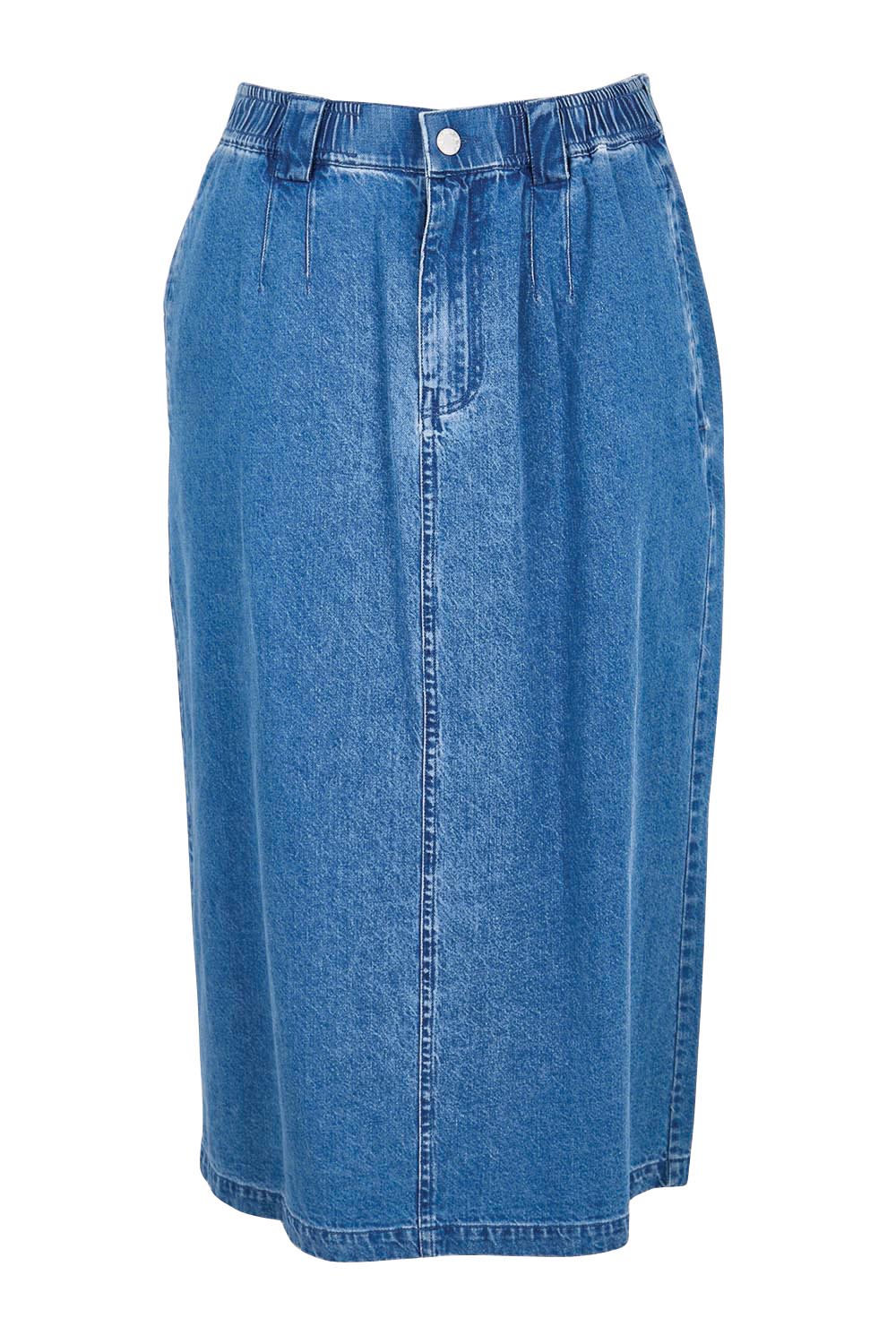 Product shot of the Solange Midi Denim Skirt – Medwash in colour Medwash, from the front