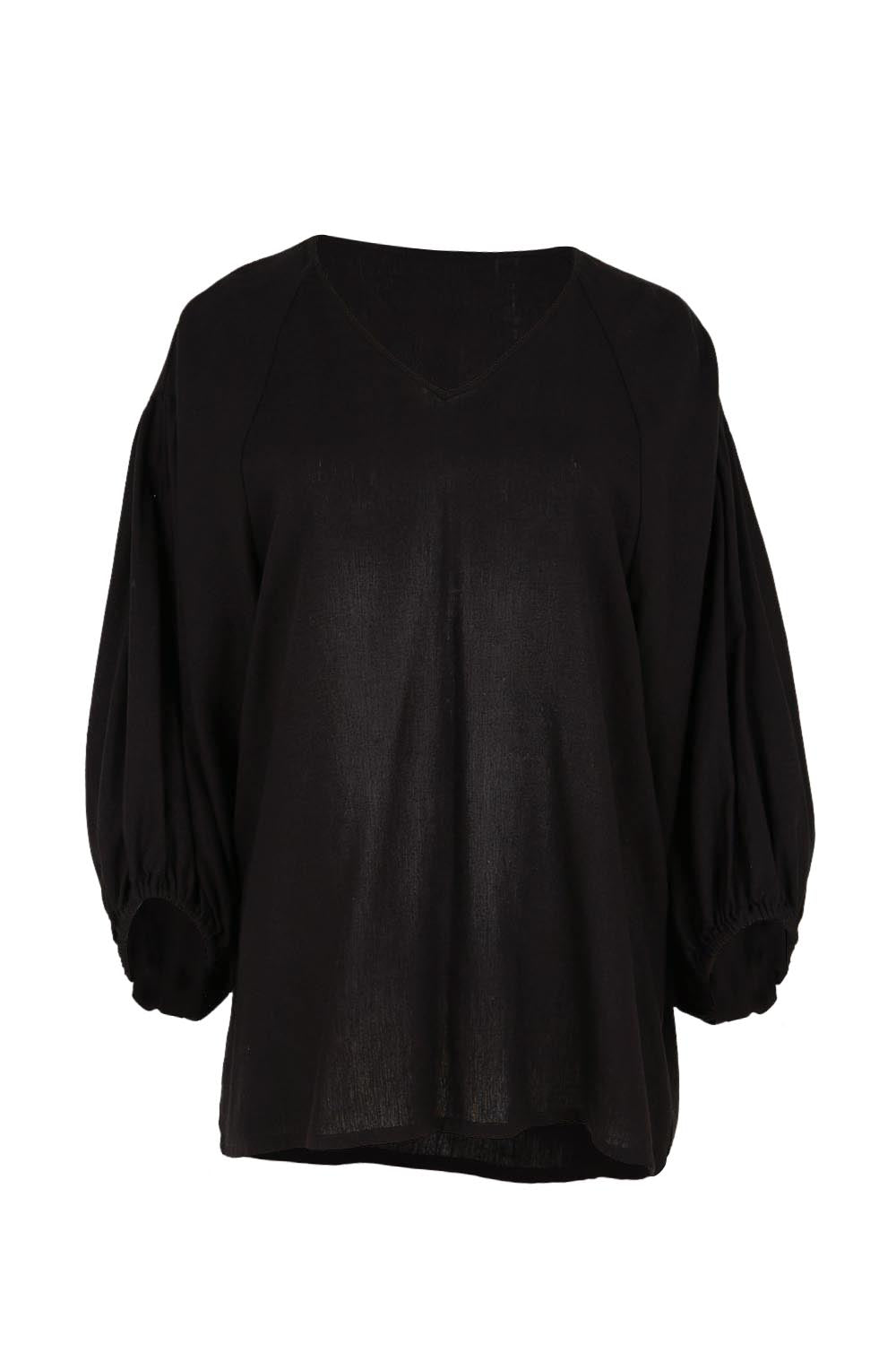 Product shot of the Bella Blouse – Black in colour Black, from the front