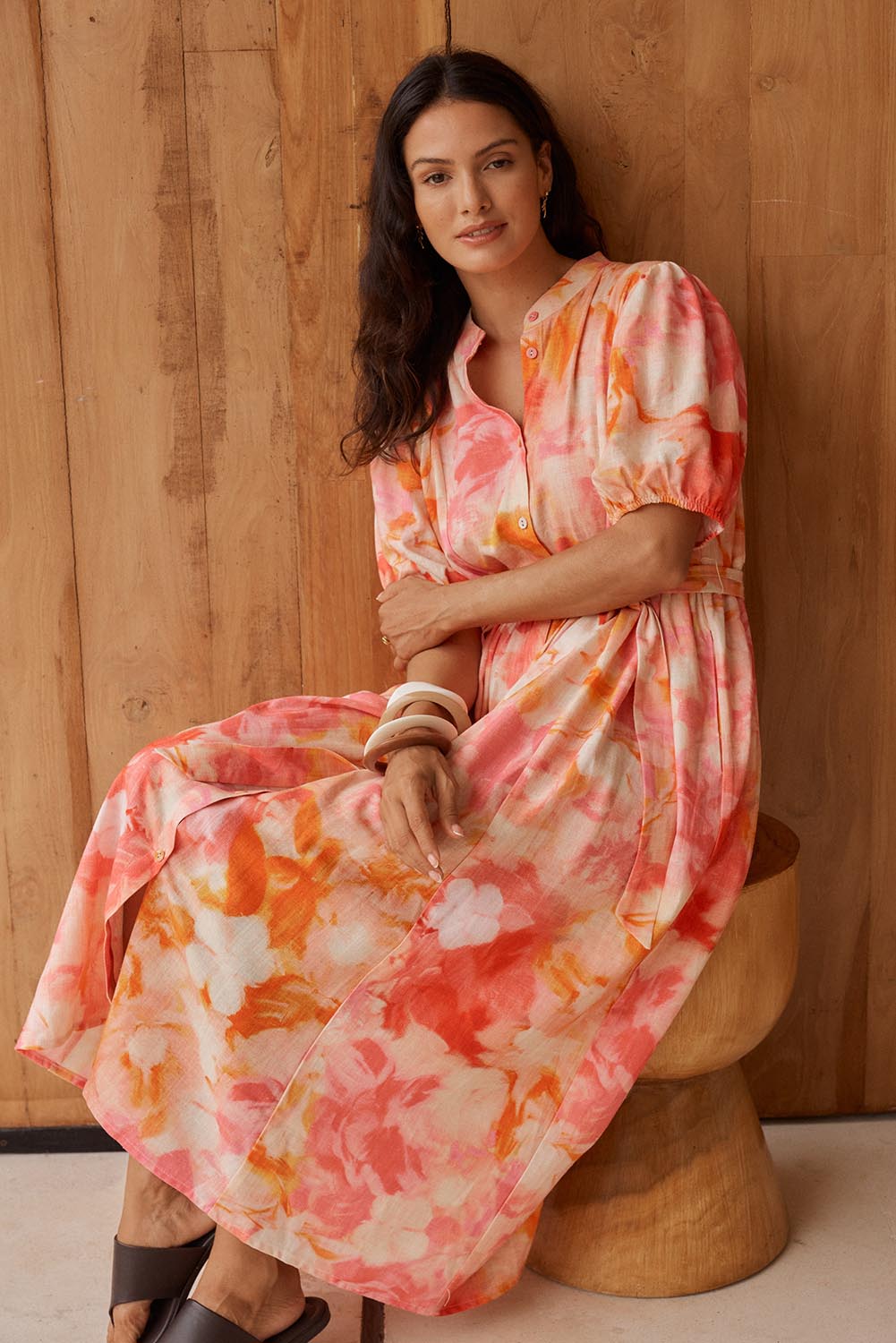 Model Genericm wearing size sample of the Nia Dress – Floral in colour Floral, from the front
