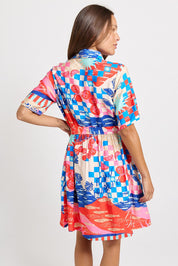 Model Genericm wearing size sample of the Palm Shirt Dress – Mediterranean in colour Mediterranean, from the back