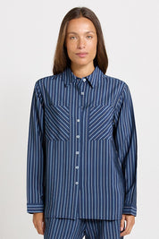 Model Genericm wearing size sample of the Sorrento Shirt – Blue in colour Blue, in a cropped view