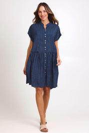 Model Madelinec wearing size 10 of the Sandy Dress – Blue in colour Blue, from the front