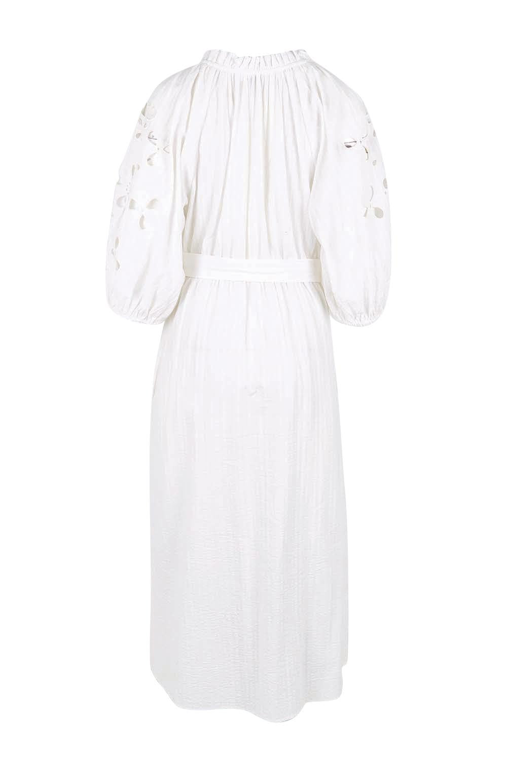 Product shot of the Daisy Broderie Dress - White in colour White, from the back