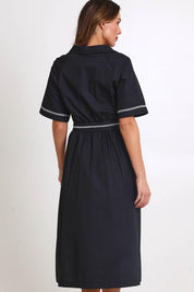 Model Madelinec wearing size 10 of the Lucy Shirt Dress – Black in colour Black, from the back