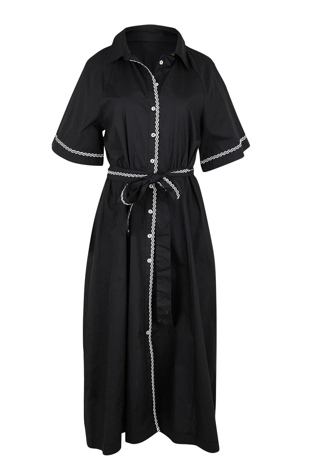 Product shot of the Lucy Shirt Dress – Black in colour Black, from the front