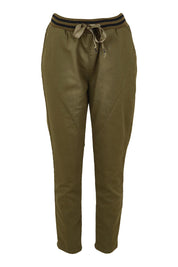 Product shot of the Dakota Denim Pant in colour Khaki (Green), from the front