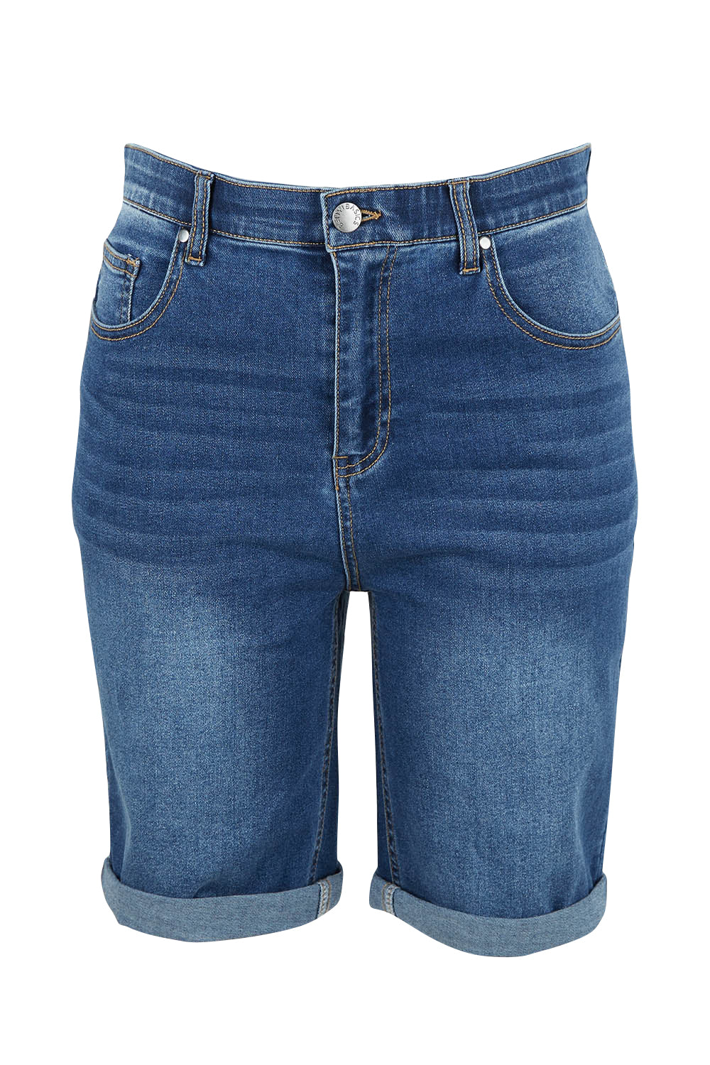 Product shot of the Bonnie Bermuda Denim in colour Indigo (Blue), from the front