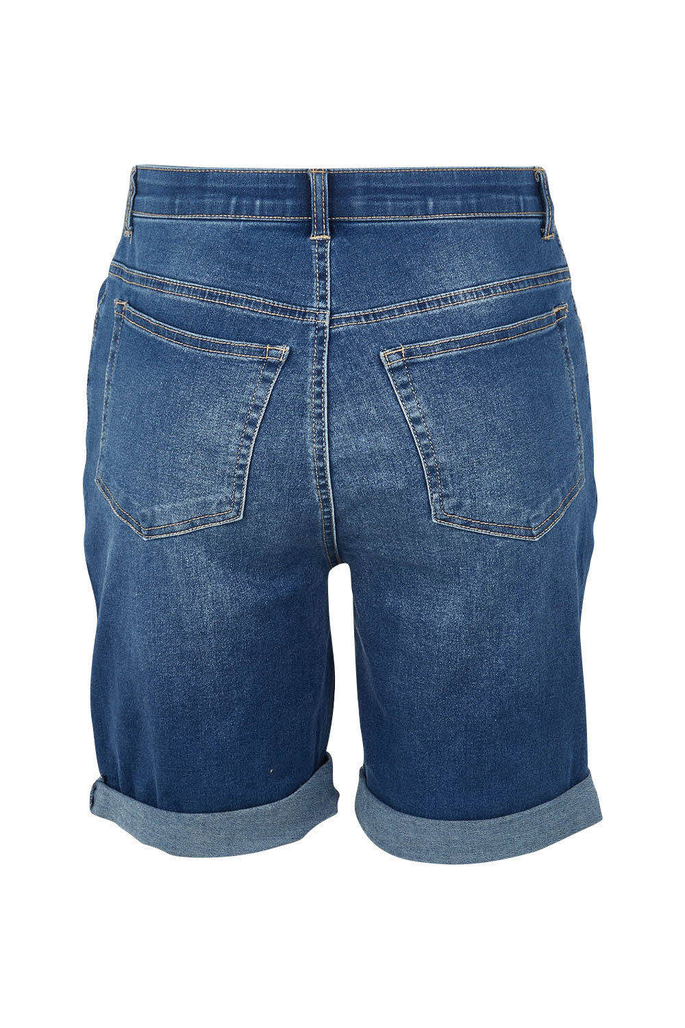 Product shot of the Bonnie Bermuda Denim Short in colour Indigo (Blue), from the back