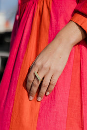 A model wearing size OneSize of the Adjustable Brass Flat Bar Ring in colour Goldbrass (Metallics), from the front, showing the whole outfit