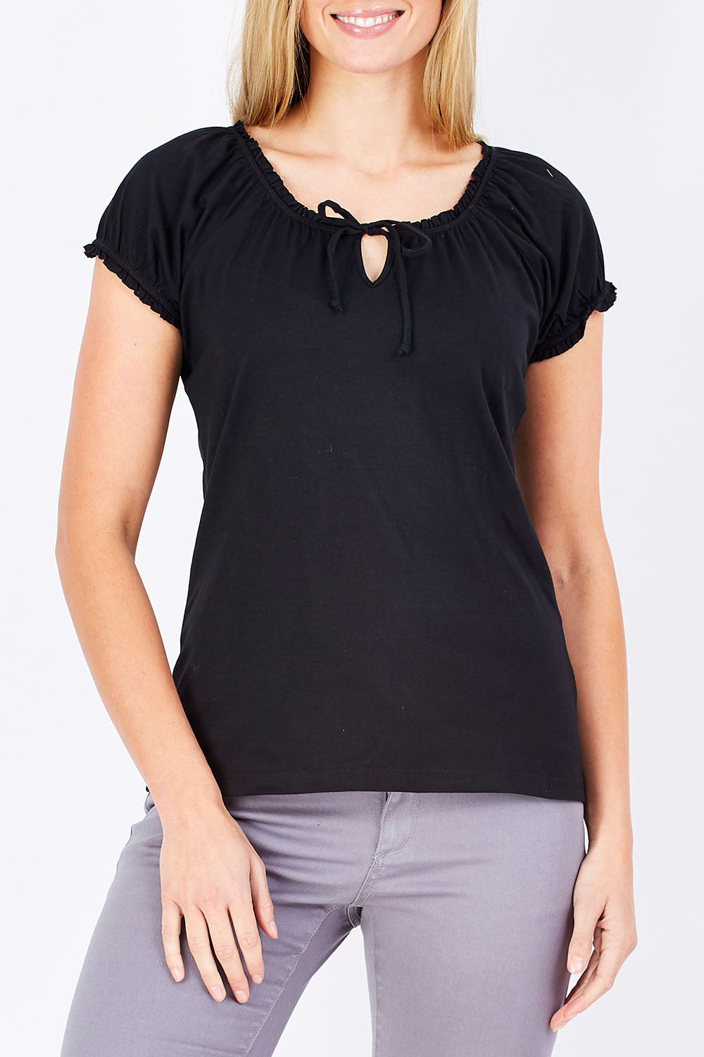 Model Maddy wearing size 10 of The Everyday Tee in colour JetBlack (Black), from the front, cropped image