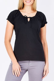 Model Maddy wearing size 10 of The Everyday Tee in colour JetBlack (Black), from the front, cropped image