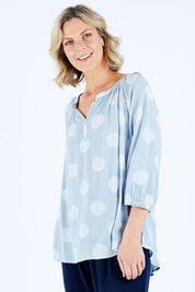 Model Chelsea wearing size 10 of The Stitch Detail Blouse in colour Chambspot (Blue), from the front, cropped image