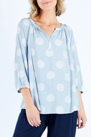 Model Chelsea wearing size 10 of The Stitch Detail Blouse in colour Chambspot (Blue), from the front, cropped image