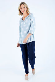 Model Chelsea wearing size 10 of The Stitch Detail Blouse in colour Chambspot (Blue), from the front, showing the whole outfit
