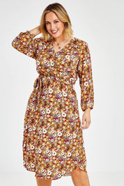 Model Jess wearing size 14 of The Wrap Front Midi Dress in colour Redfloral (Red), from the front, cropped image