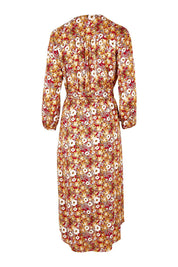 Product shot of The Wrap Front Midi Dress in colour Redfloral (Red), from the back