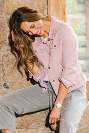 Model Amanda wearing size 10 of The Denim Jacket in colour Dustypink (Pink), from the front, showing the whole outfit