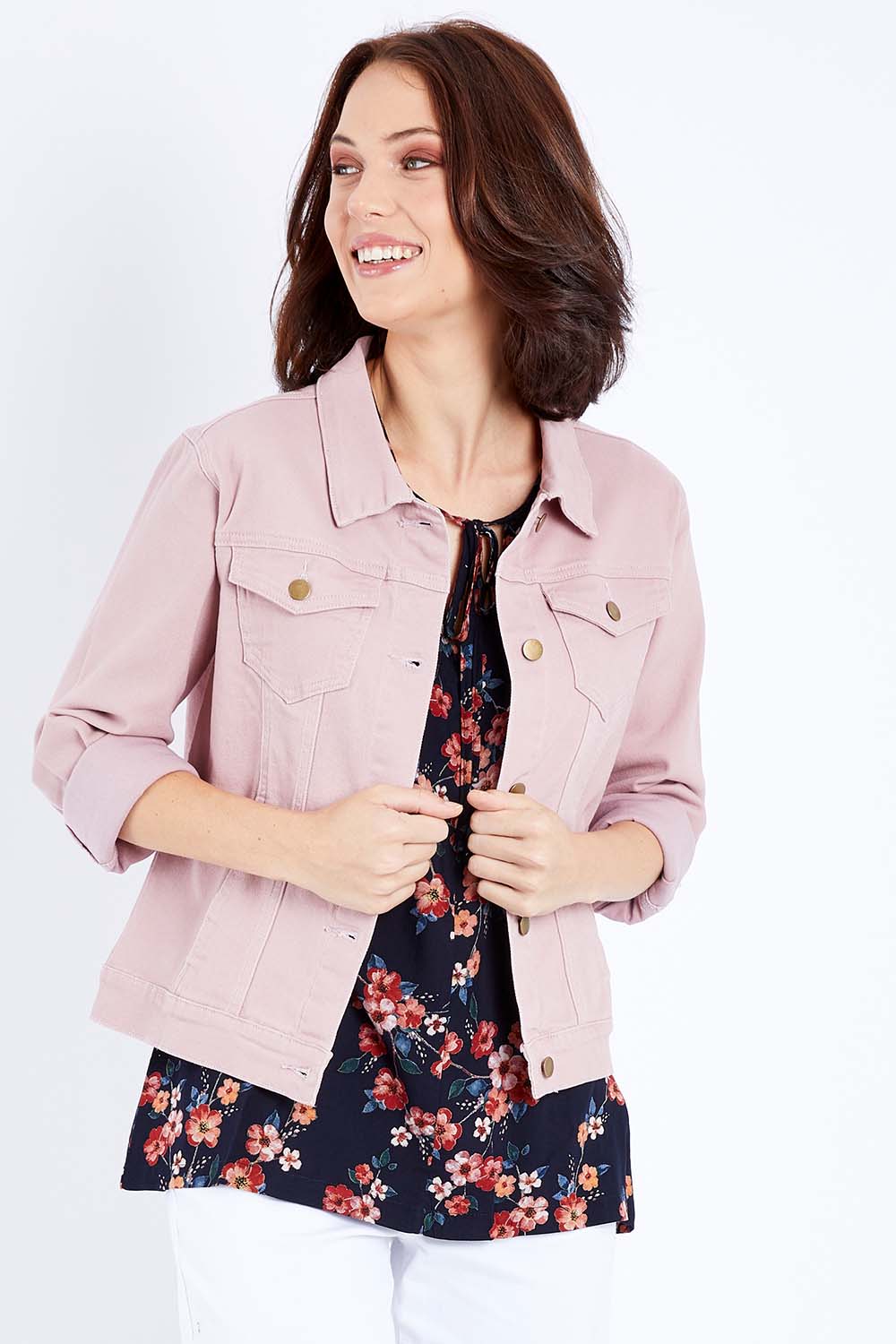 Model Andrea wearing size 10 of The Denim Jacket in colour Dustypink (Pink), from the front, cropped image