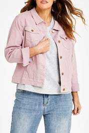 Model Laura wearing size 14 of The Denim Jacket in colour Dustypink (Pink), from the front, cropped image