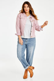 Model Laura wearing size 14 of The Denim Jacket in colour Dustypink (Pink), from the front, showing the whole outfit