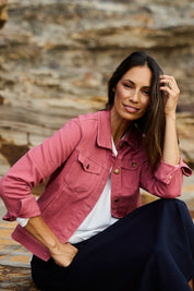 Model Amanda wearing size 10 of The Denim Jacket in colour Smokeyrose (Pink), from the front, showing the whole outfit