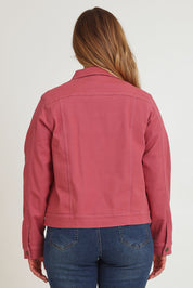 Model Chanel wearing size 16 of The Denim Jacket in colour Smokeyrose (Pink), from the back