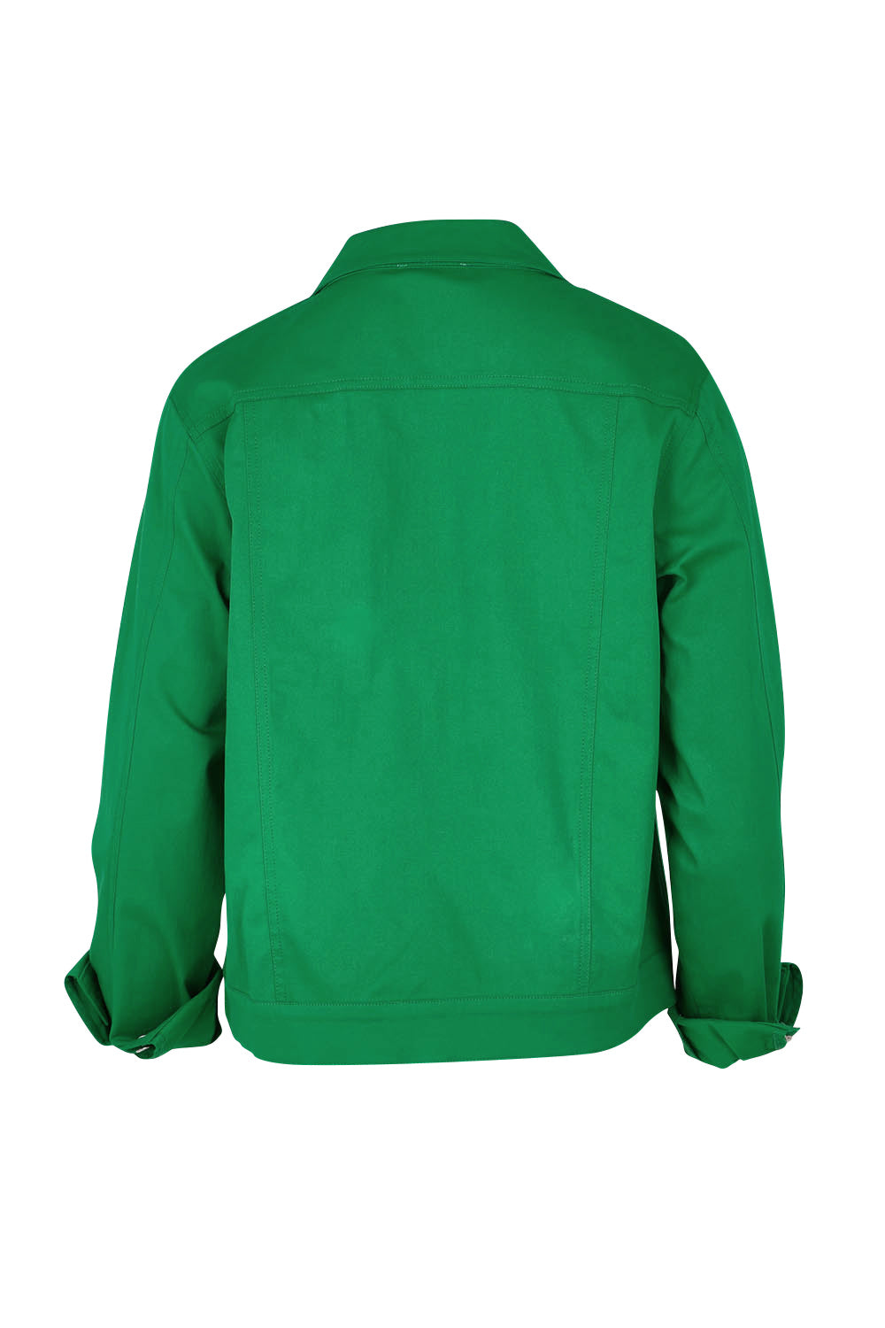 Product shot of The Tencel Blend Denim Jacket in colour Emerald (Green), from the back