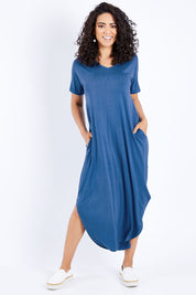 Model Pamela wearing size 10 of The Cotton Blend Maxi in colour Frenchblue (Blue), from the front, showing the whole outfit