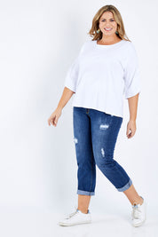 Model Fiona wearing size 16 of The Split Sleeve Tee in colour White (White), from the front, showing the whole outfit
