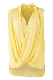Product shot of The Sleeveless Cross Over Blouse in colour Sunshine, from the front