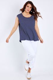 Model Laura wearing size M of The Textured Stripe Tank in colour Stripe (Blue), from the front, showing the whole outfit