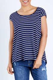 Model Pamela wearing size S of The Textured Stripe Tank in colour Stripe (Blue), from the front, cropped image