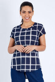 Model Pamela wearing size 10 of The Check Scoop Neck Tee in colour Navy (Blue), from the front, cropped image