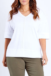 Model Laura wearing size 14 of The Panel Detail Tee in colour White (White), from the front, cropped image